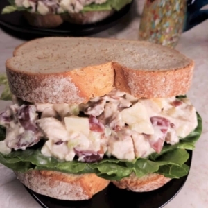 pecan chicken salad in a sandwich