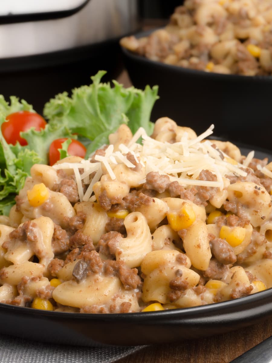 side view of beef and macaroni casserole in a bowl