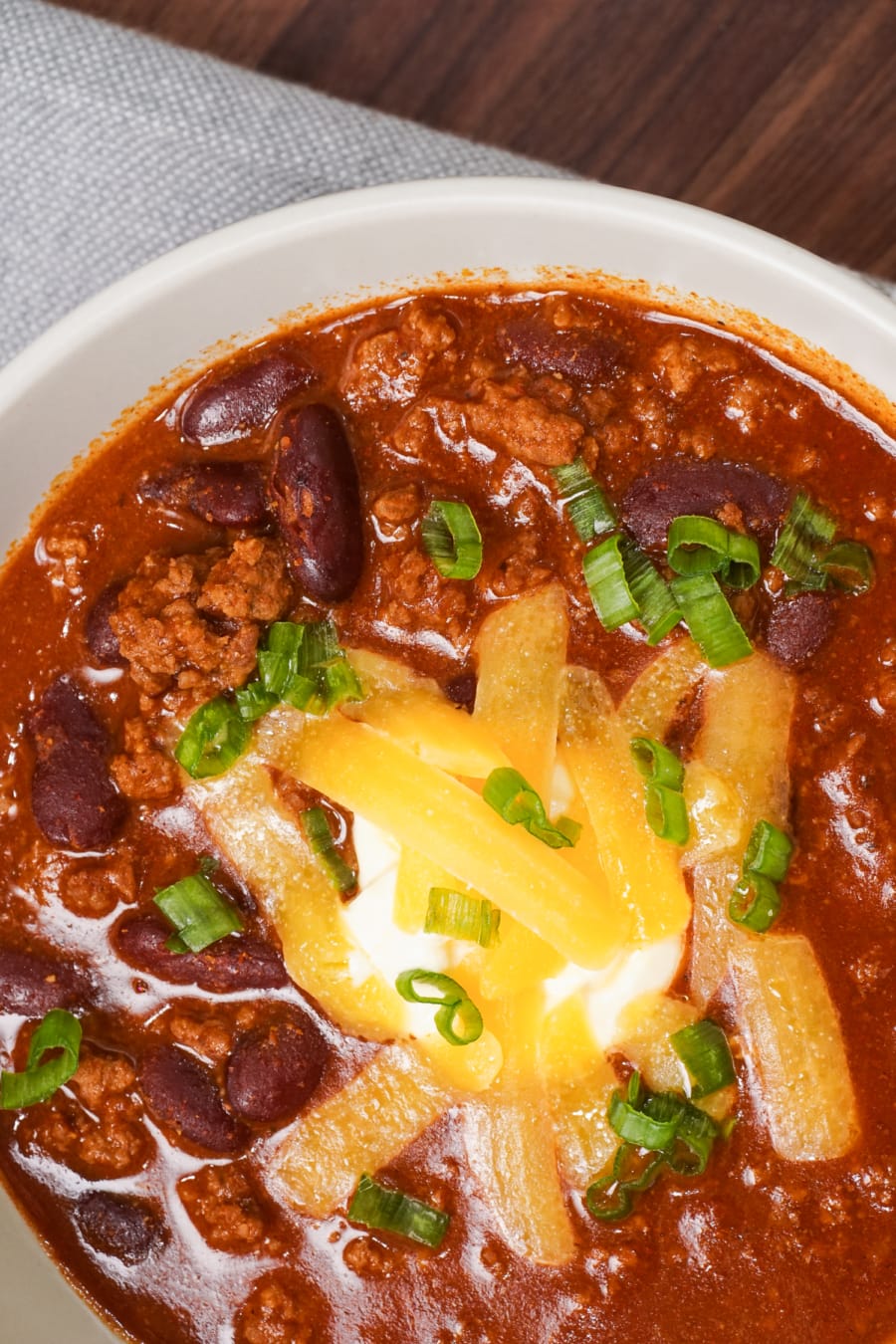 close up of a bowl of texas chili 