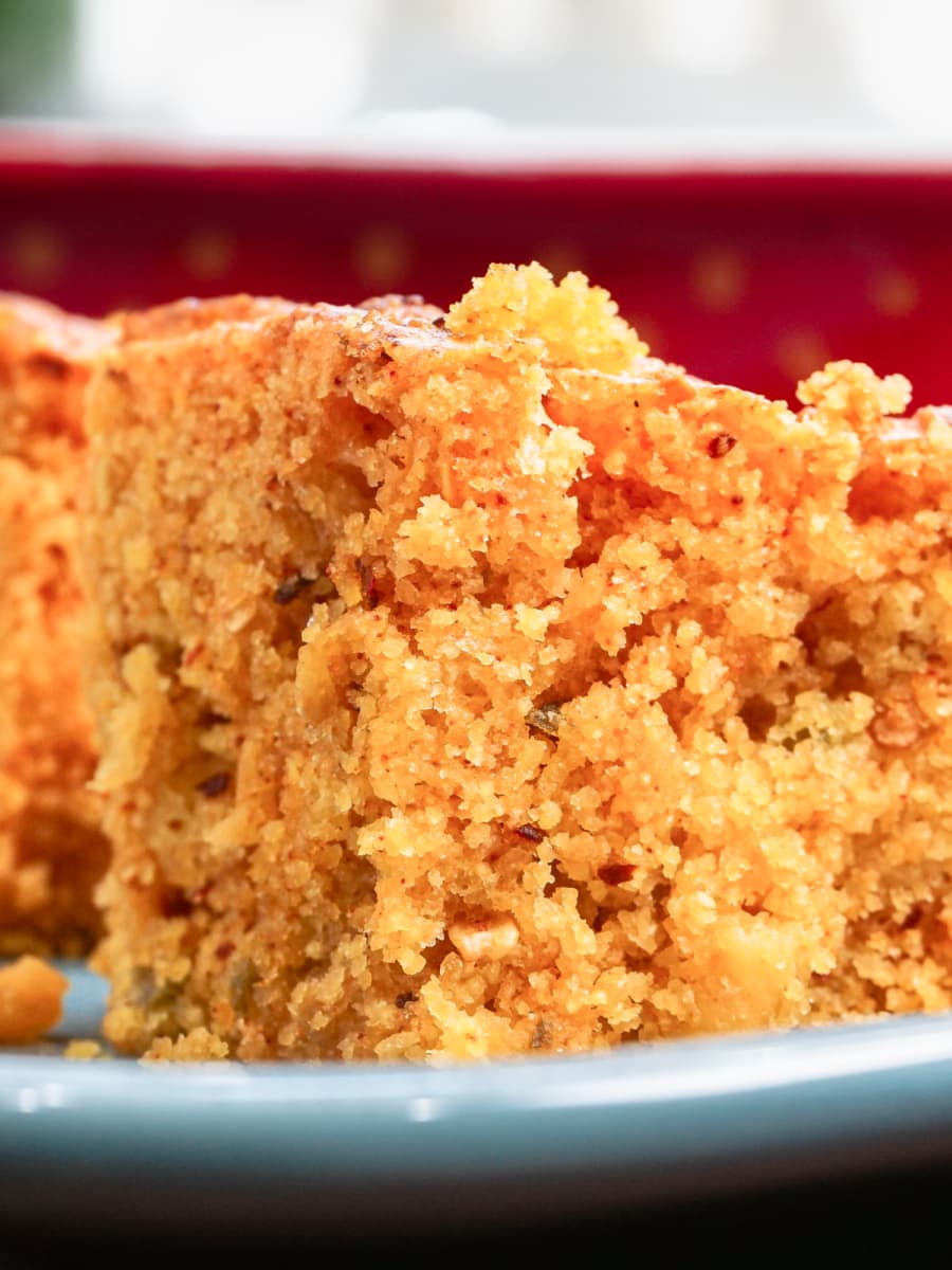 close up of texas wildfire cornbread slices on a dish