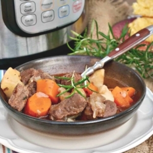 a metal bowl filled with beef stew