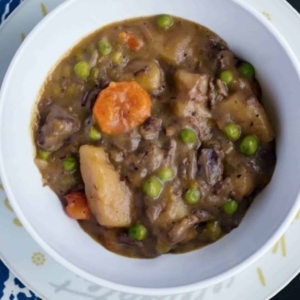 overhead shot of a hearty bowl of beef stew