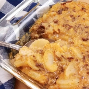 a baking dish of beef taters