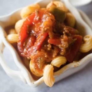 italian goulash in a small squared bowl