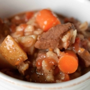 close up of beef barley soup