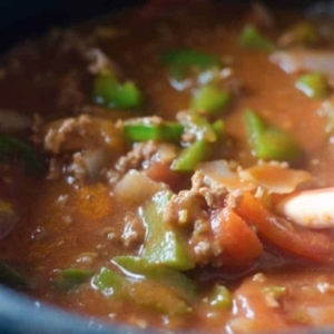 close up of ground beef goulash