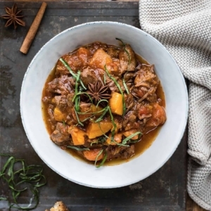 overhead shot of a bowl of vietnamese beef stew