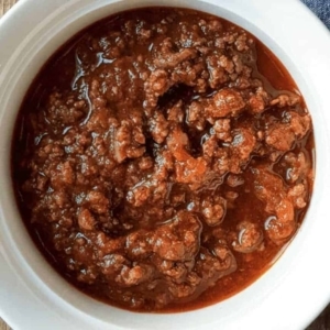 top view of meaty chili in a bowl