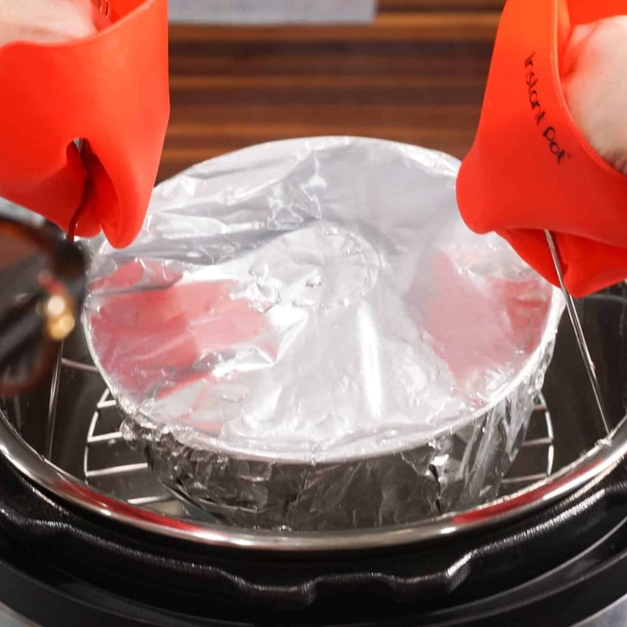 removing the trivet and cake pan from the instant pot