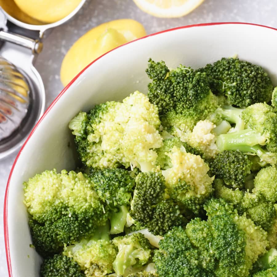 overhead shot of lemon butter broccoli in a large bowl