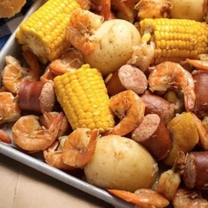 low country shrimp boil on a tray