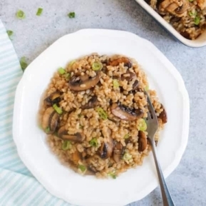 brown rice mushroom pilaf on a plate