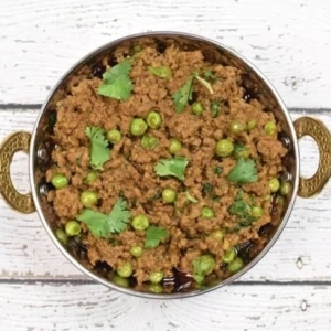 overhead shot of keema matar in a pot