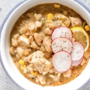 a bowl of white chicken chili