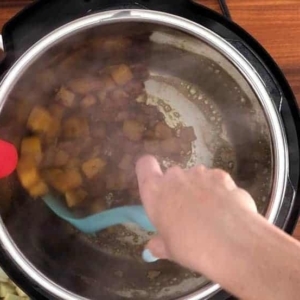 mixing spiced butternut squash in the instant pot