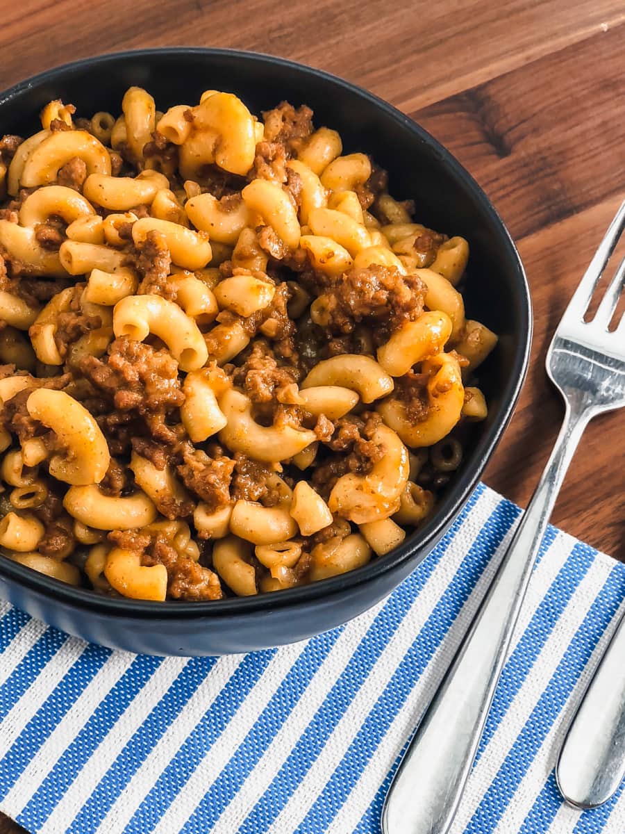 a bowl of warm cheeseburger mac