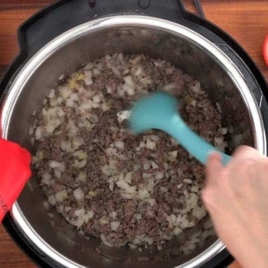 mixing onion and garlic into ground beef in the instant pot