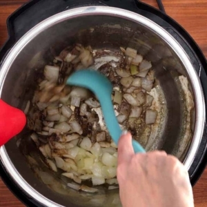 stirring the cinnamon, ginger and nutmeg into the onion and garlic that are cooking in the instant pot