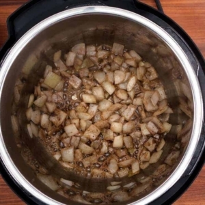 cooking the pumpkin soup onion and spices in the instant pot