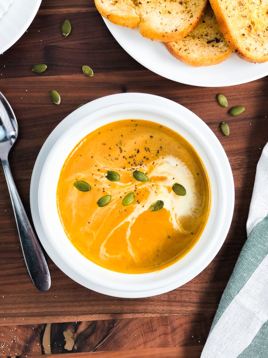 overhead shot of a delicious bowl of pumpkin soup