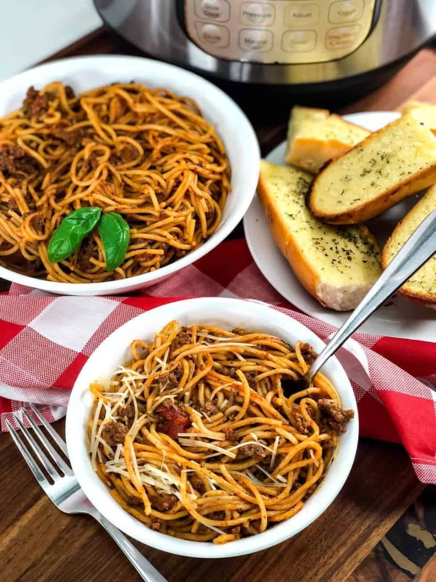 a warm bowl of instant pot spaghetti and meat sauce
