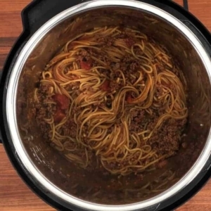 instant pot spaghetti and meat sauce ready to be served from the instant pot