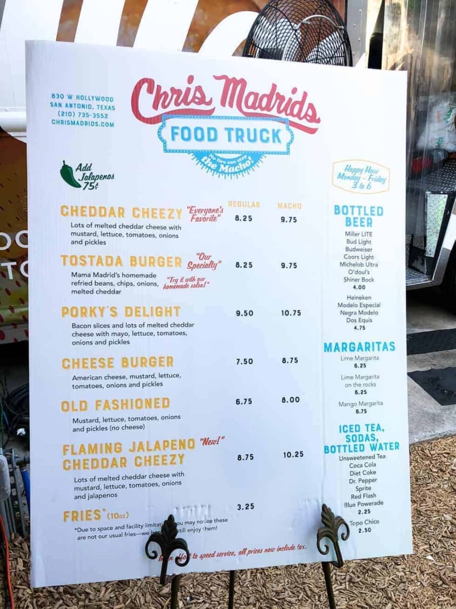 the menu at chris madrids in san antonio