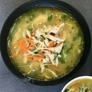 overhead shot of chicken coriander soup