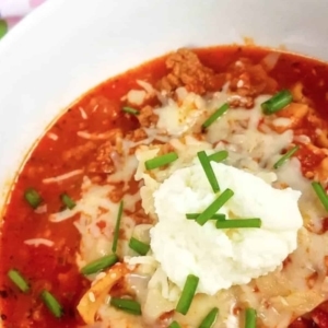 overhead shot of beef lasagna soup with scallions