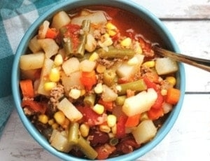 overhead shot of vegetable beef soup