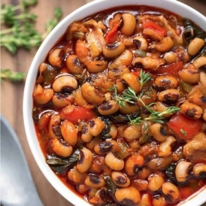 overhead shot of a bowl of black eyed peas