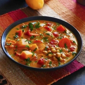 vegetarian moroccan stew in a bowl garnished with cilantro