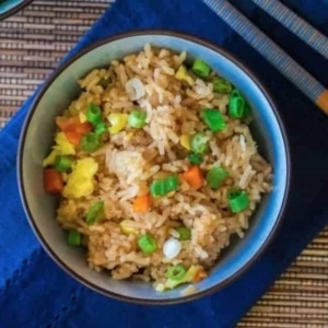 overhead shot of fried rice in a bowl