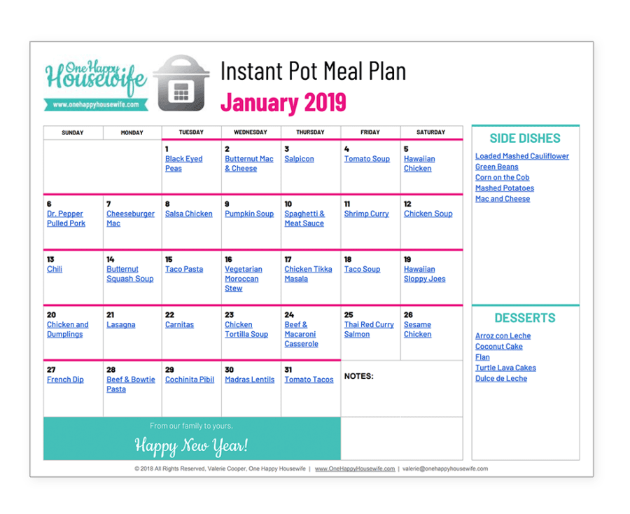 january 2019 meal plan calendar