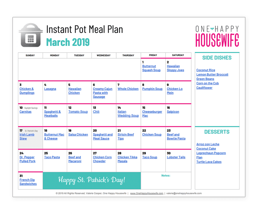 instant pot march meal plan