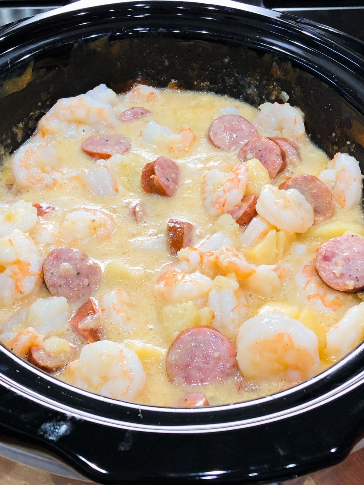 Slow Cooker Sausage and Potatoes With Shrimp - One Happy Housewife