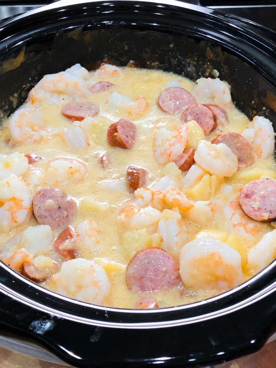 shrimp, potato, sausage soup in the slow cooker