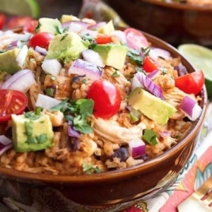 chicken taco bowls garnished with cilantro