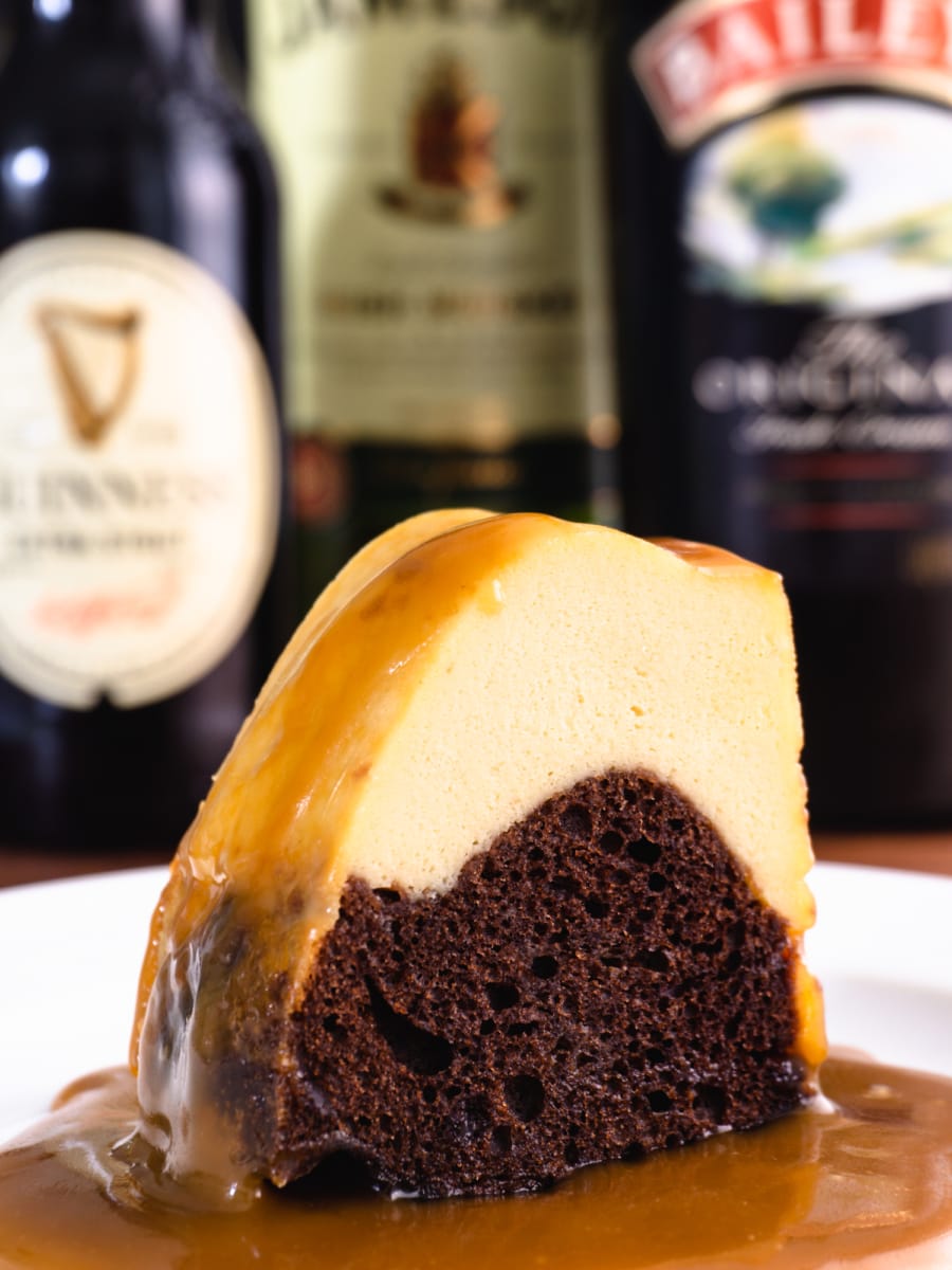 instant pot flan made with Bailey's, layered on a Guinness chocolate cake, and covered in Jameson whiskey caramel