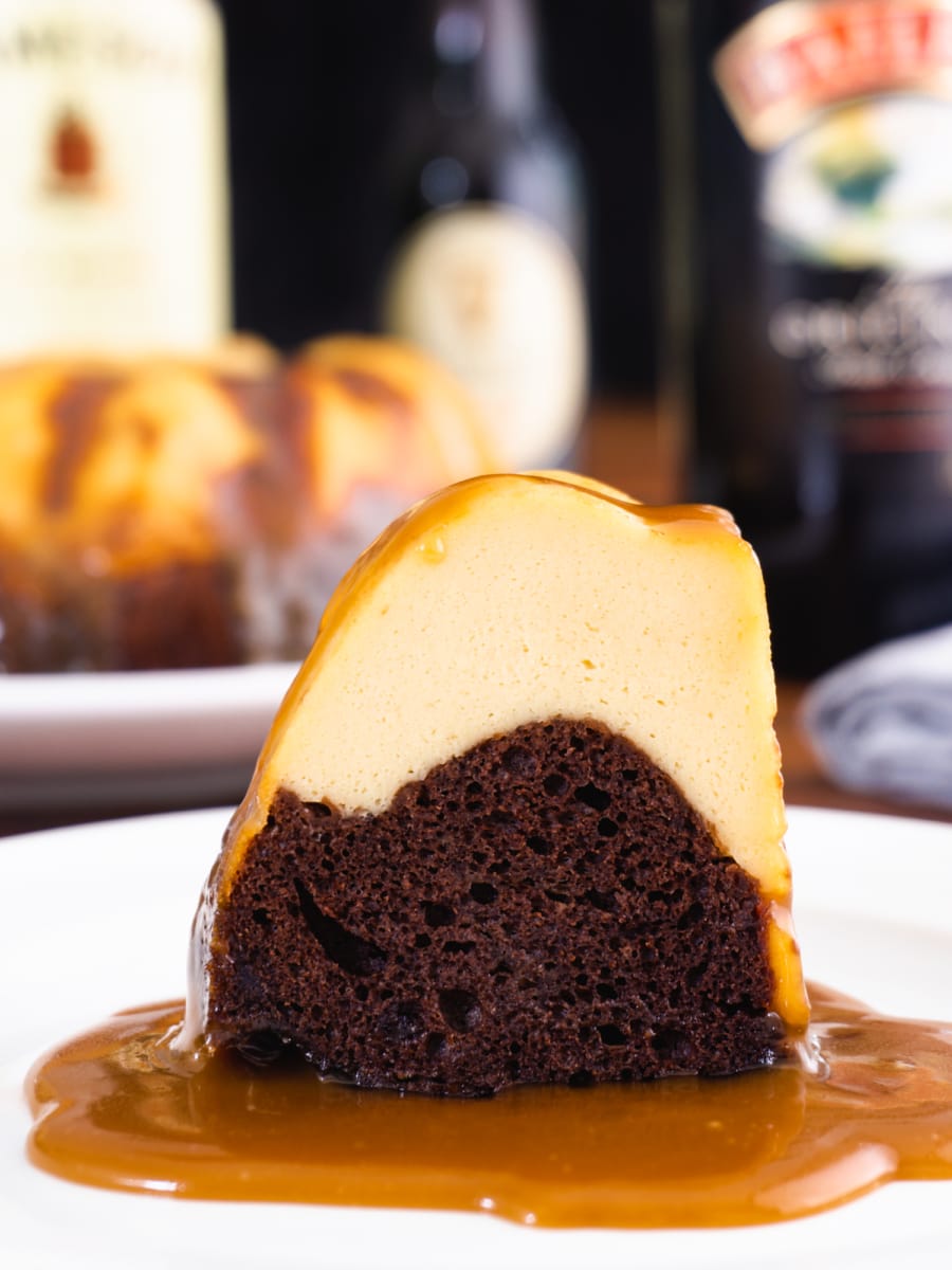 an instant pot chocoflan made to taste like and irish car bomb cocktail