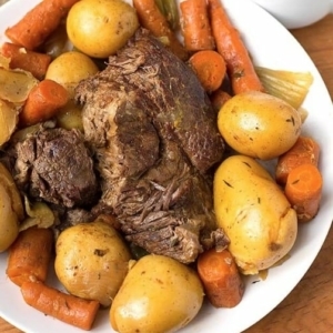 overhead shot of pot roast on a plate