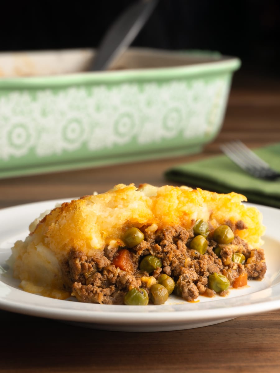 side view of shepherds pie on a plate