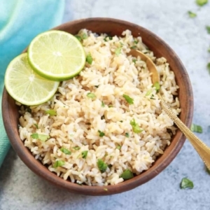 overhead shot of cilantro brown rice in a bowl