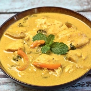 fish coconut curry in a bowl