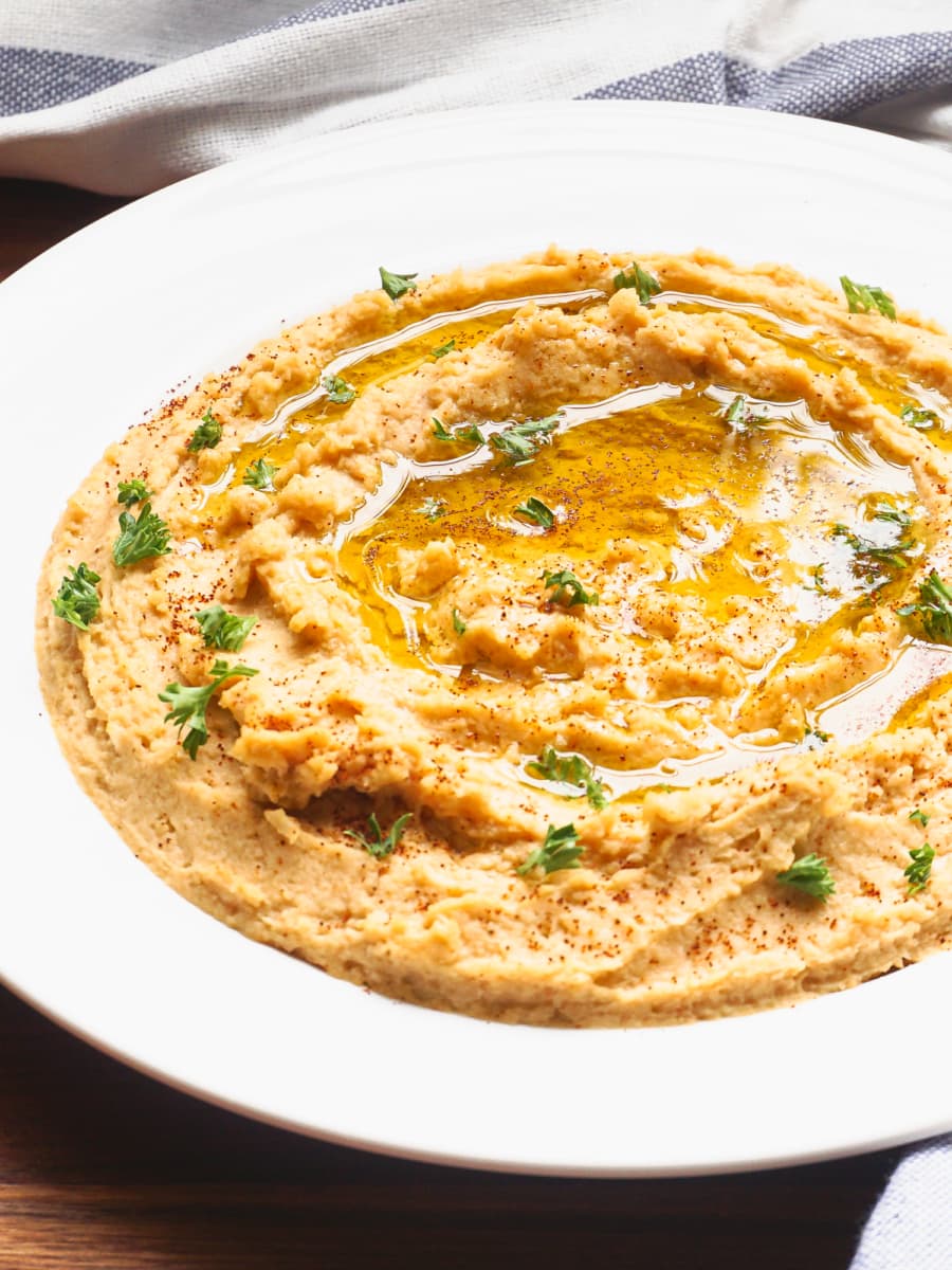 a plate of homemade hummus