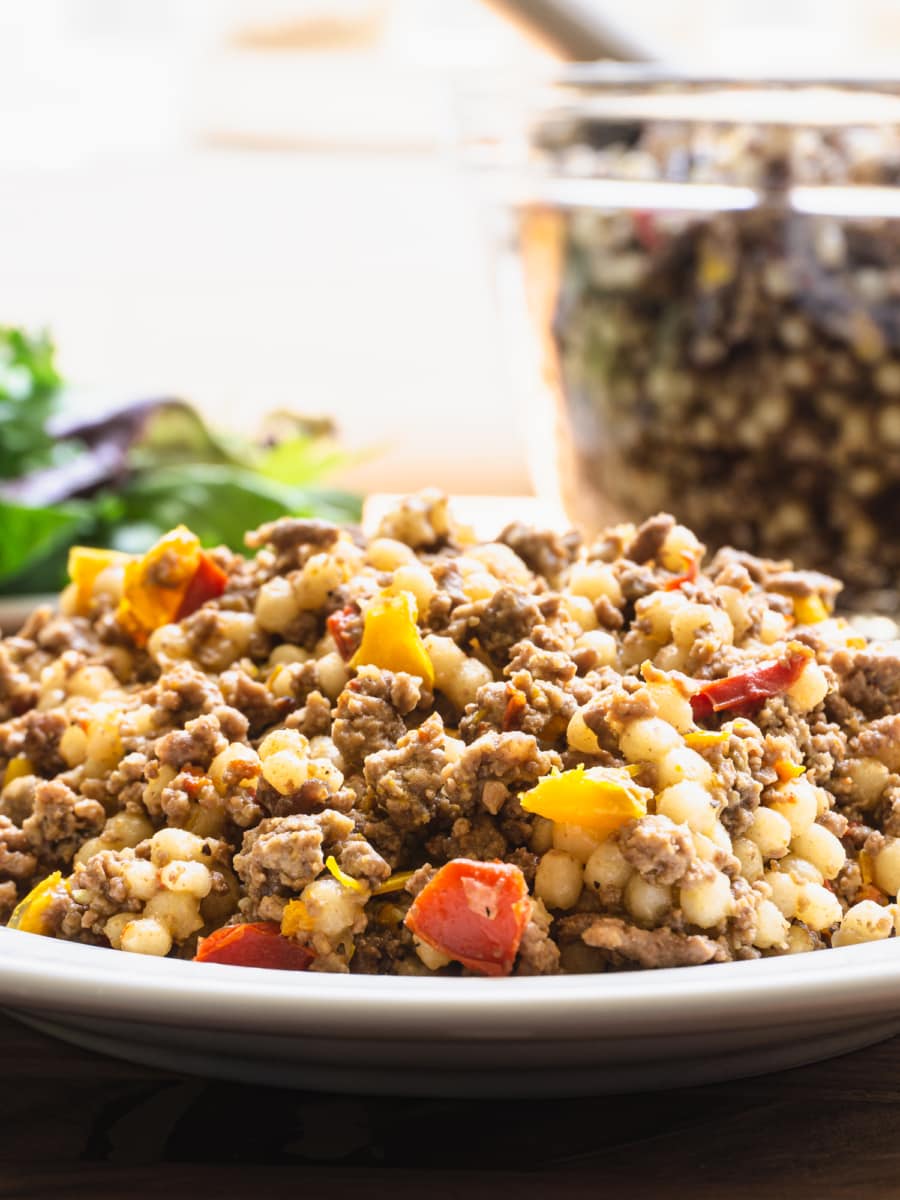 pearl couscous ground beef and peppers cooked in the pressure cooker