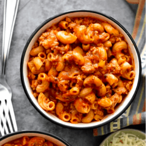 overhead shot of a small bowl of goulash