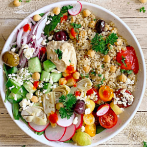 overhead shot of mediterranean quinoa salad