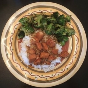 overhead shot of bourbon chicken rice with broccoli