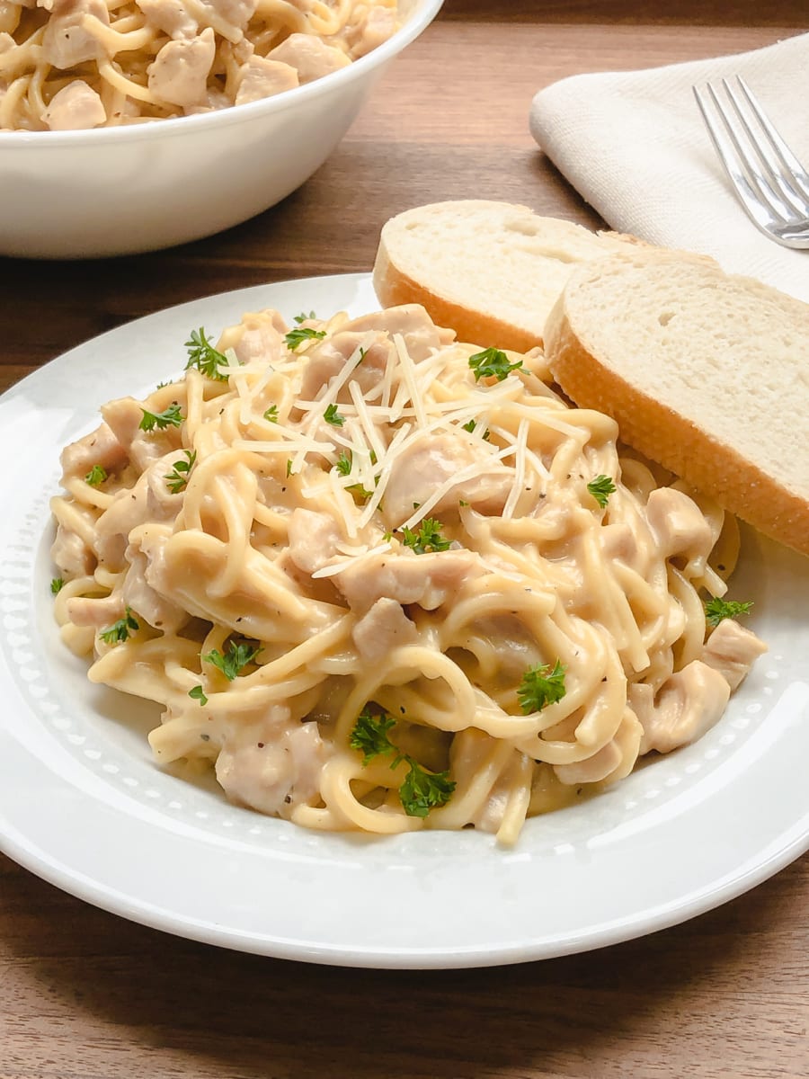 a plate of chicken spaghetti tetrazzini sprinkled with shredded parmesan